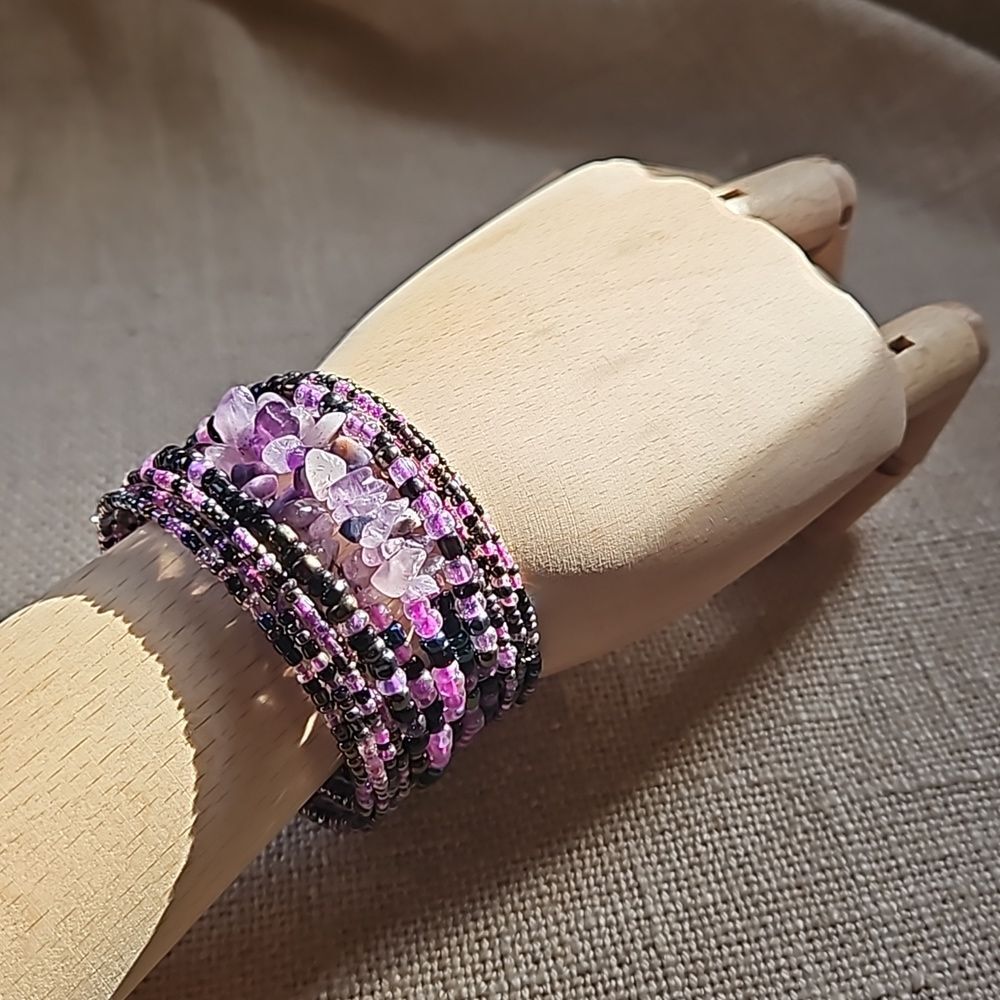 Whimsy Goth Beaded Cuff Bracelet Purple Black Pink - Picture 5 of 8